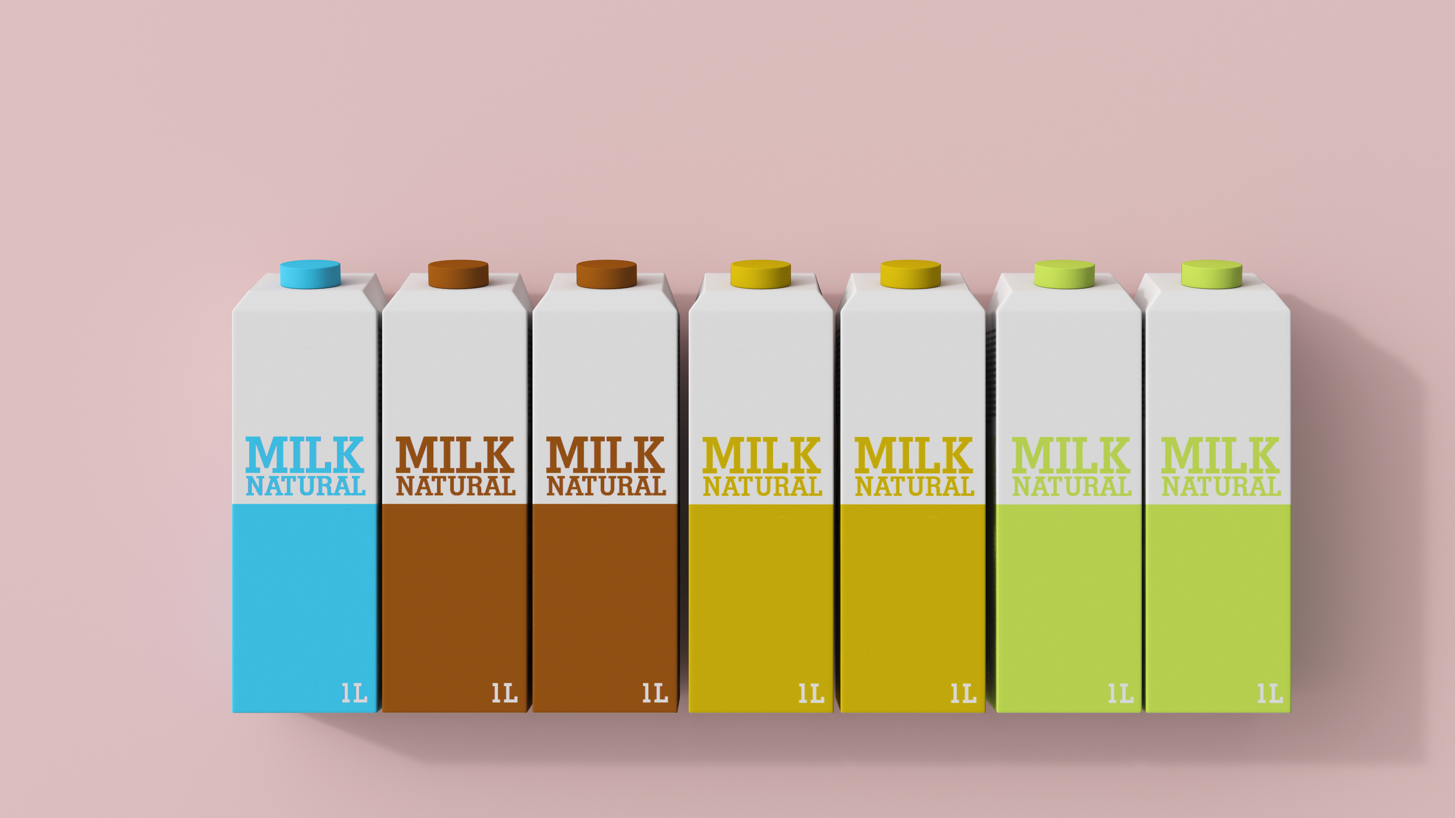 3D rendering, Row of milk cartons in different colors