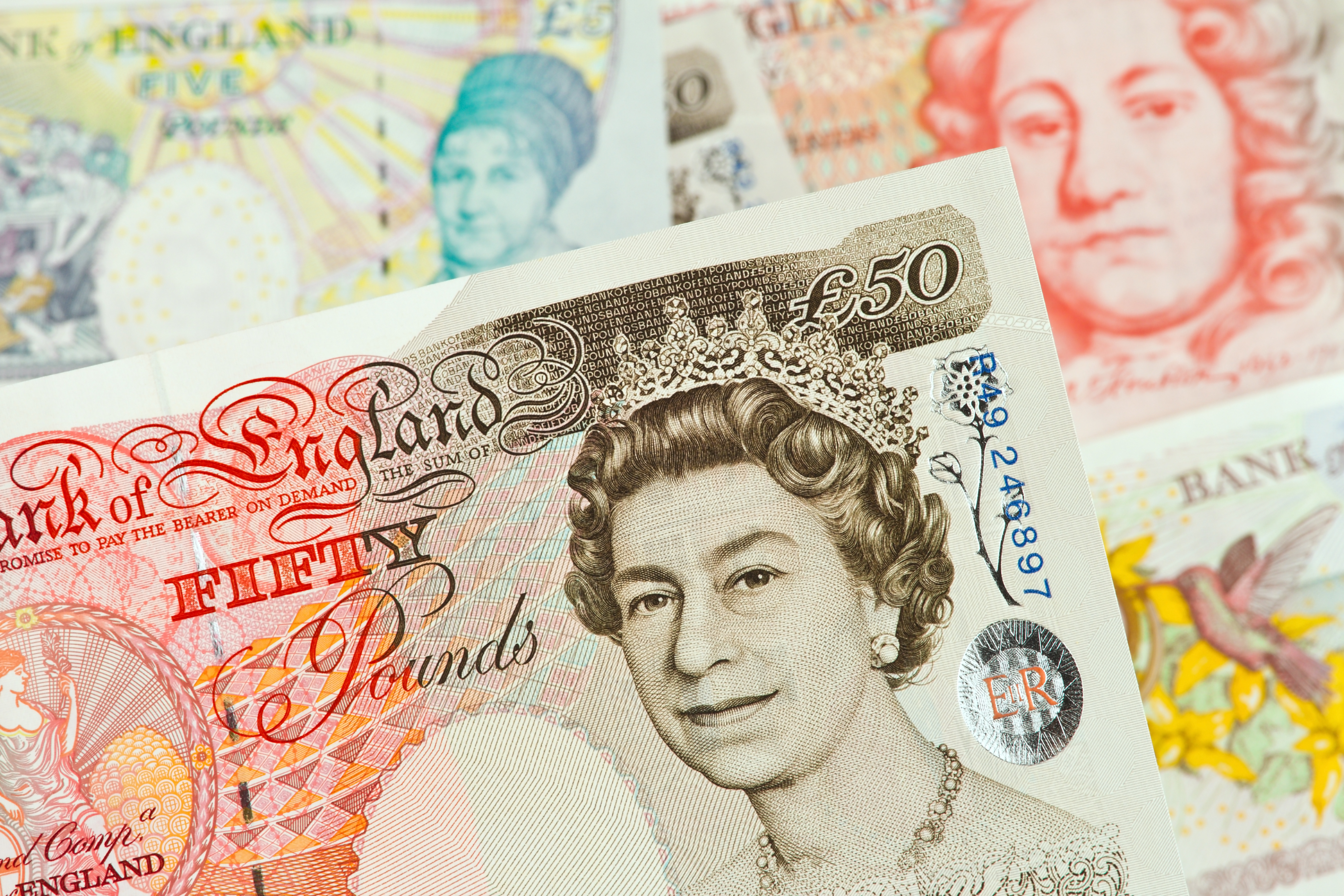 British pound notes. British pounds. Banknotes of the British currency.