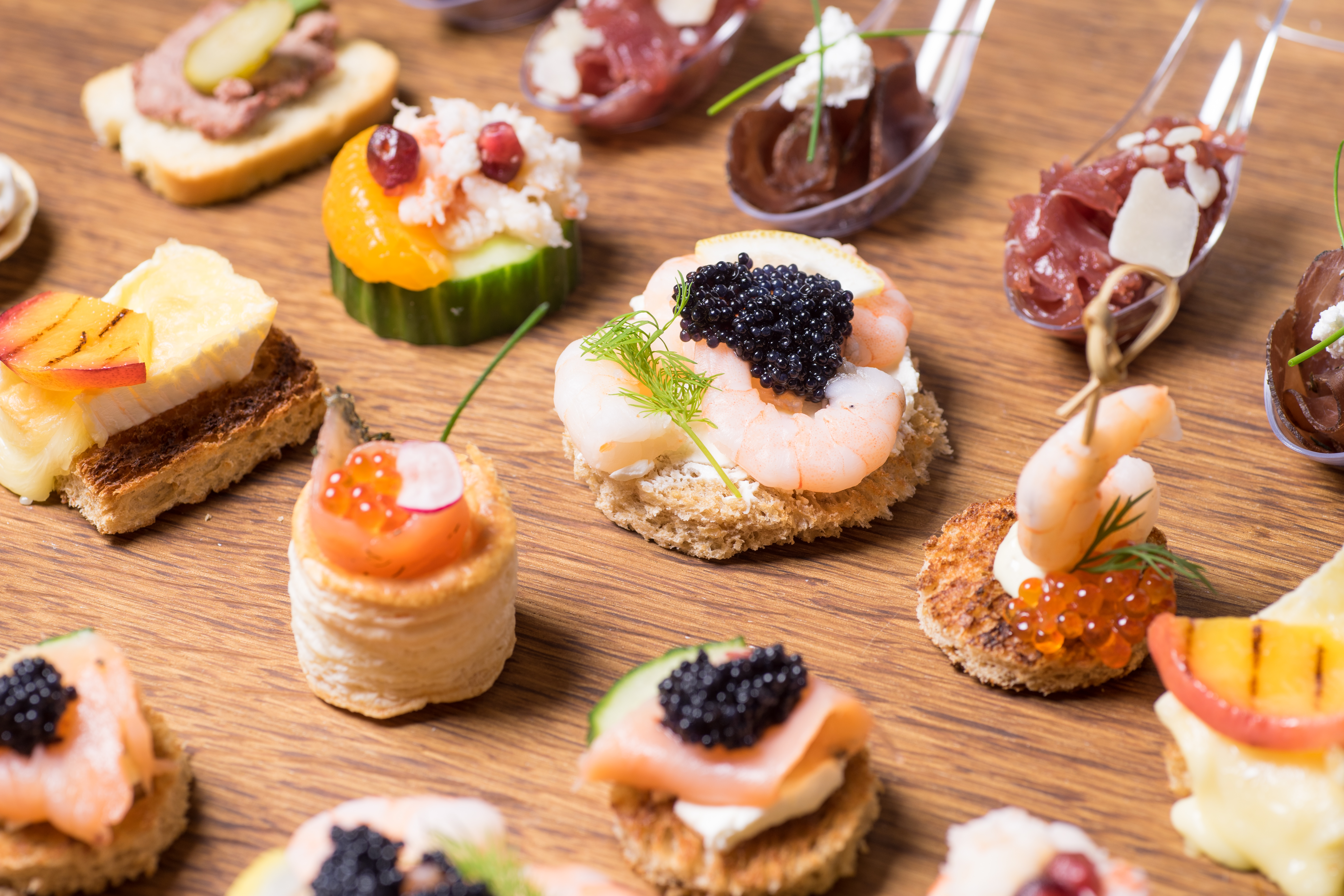Exquisite selection of luxury canapes, appetizer ready to be served for events, celebrations or other occasion