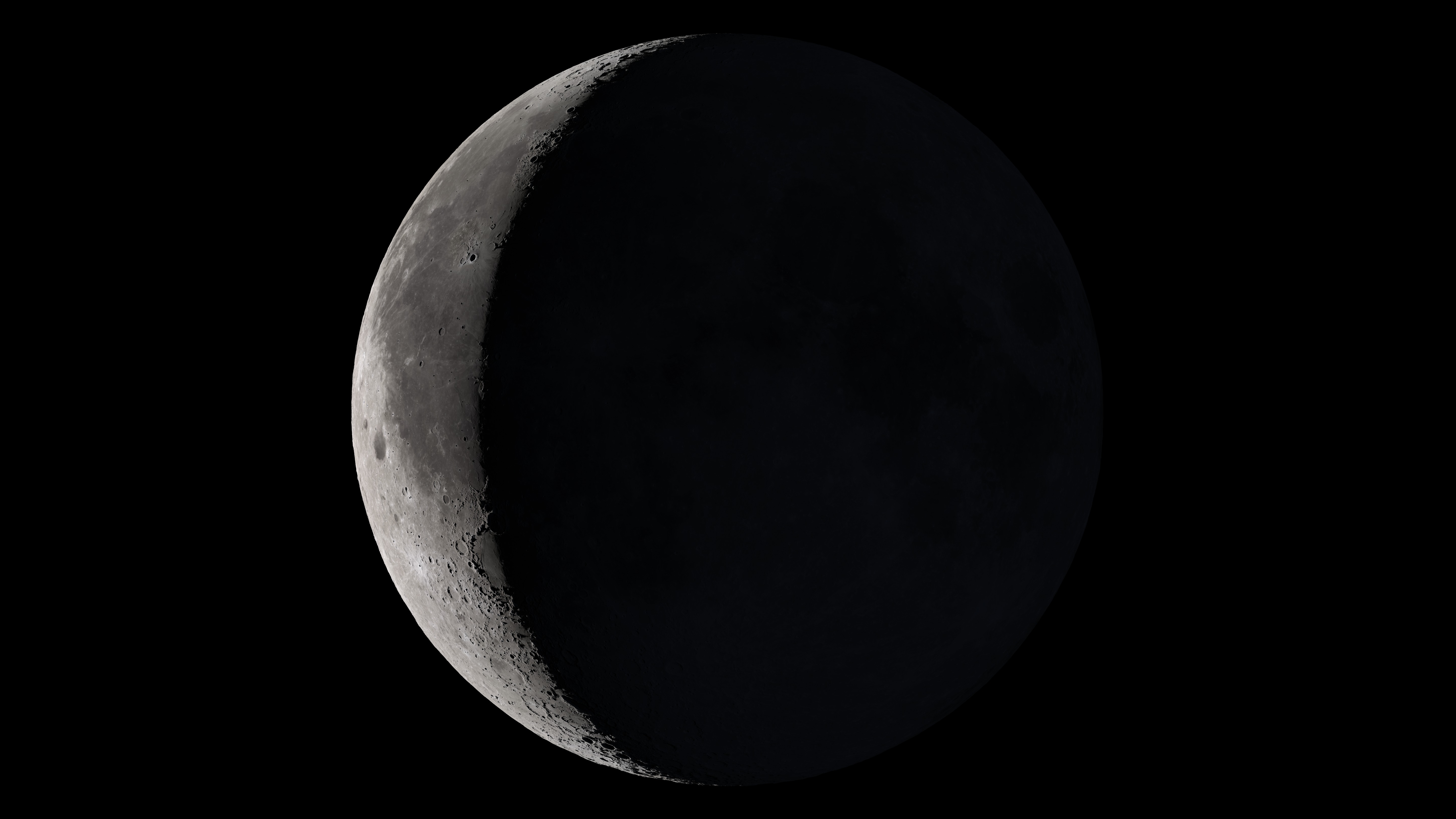 Waning crescent Moon. The lunar phases arise as the Earth-Moon-Sun angle changes as the Moon orbits the Earth. This waning crescent Moon is 25 days into its 28-day cycle. On a waning Moon, the day-night line (terminator) marks the lunar sunset as night advances over the Earth-facing side of the Moon. The Moon is crescent when it is less than half full. This image, published in 2015, uses data from the Lunar Reconnaissance Orbiter. The image is part of a sequence of lunar phases (see images C030/3708-3714), orientated for the northern hemisphere.