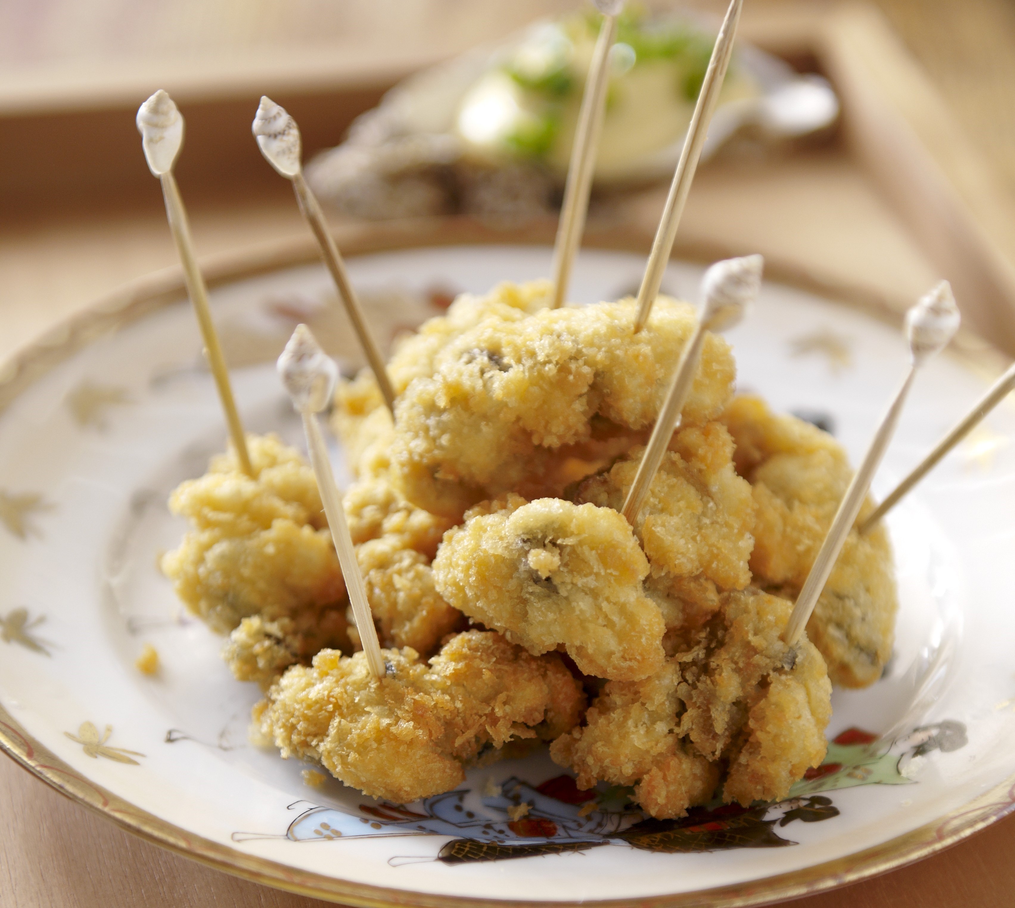 Fried oyster kebabs