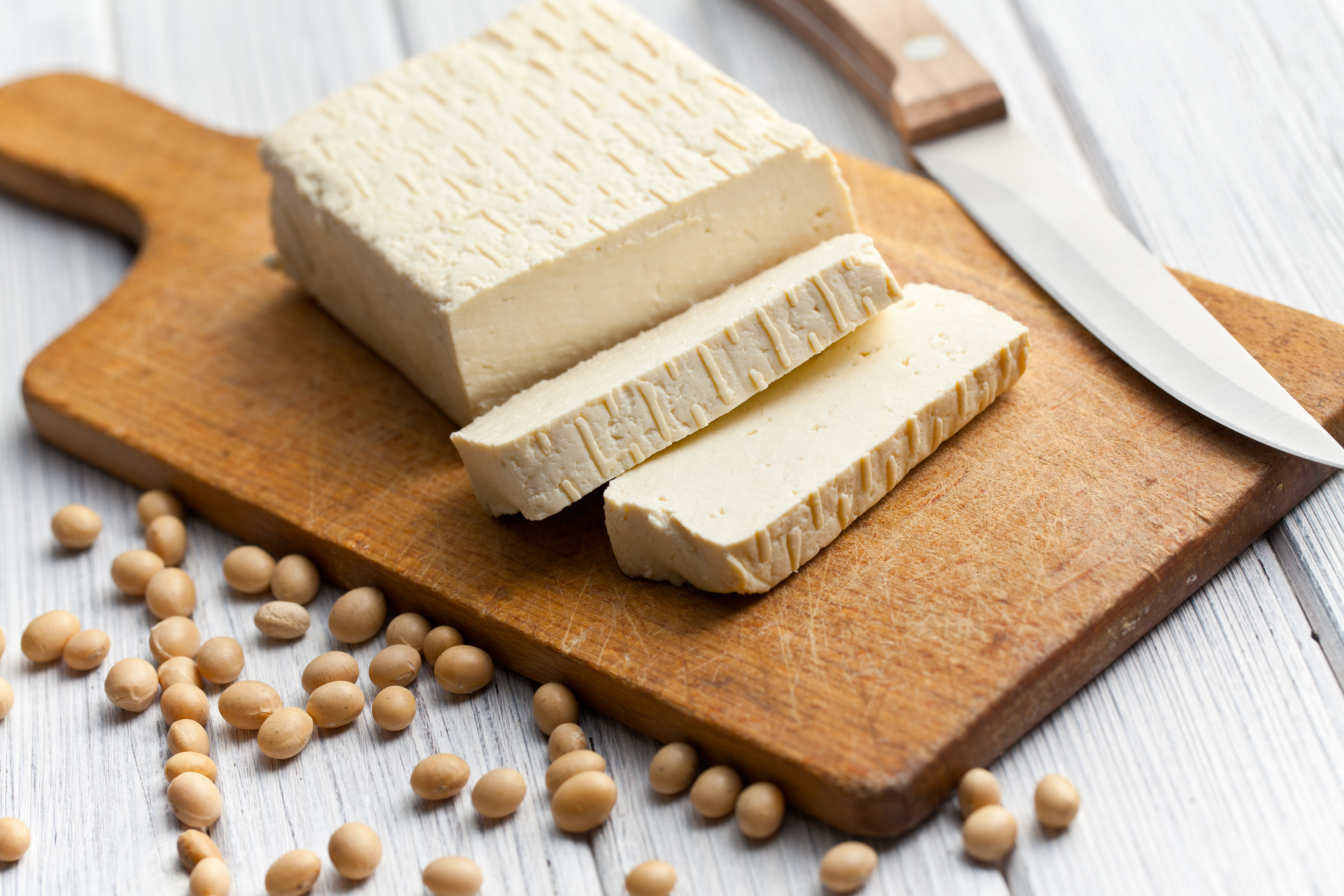 tofu and soy beans on kitchen table