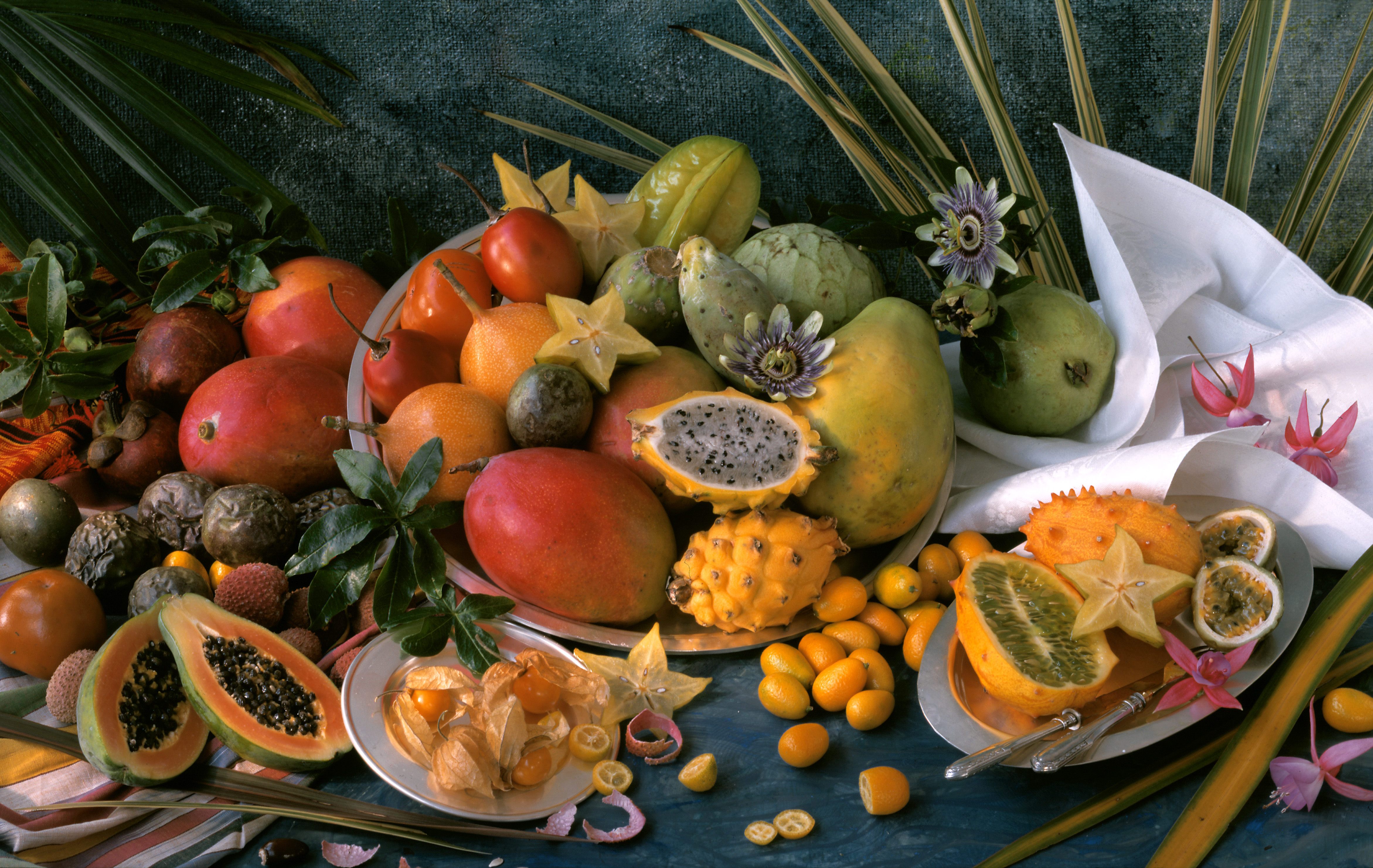 Still life with many different exotic fruits